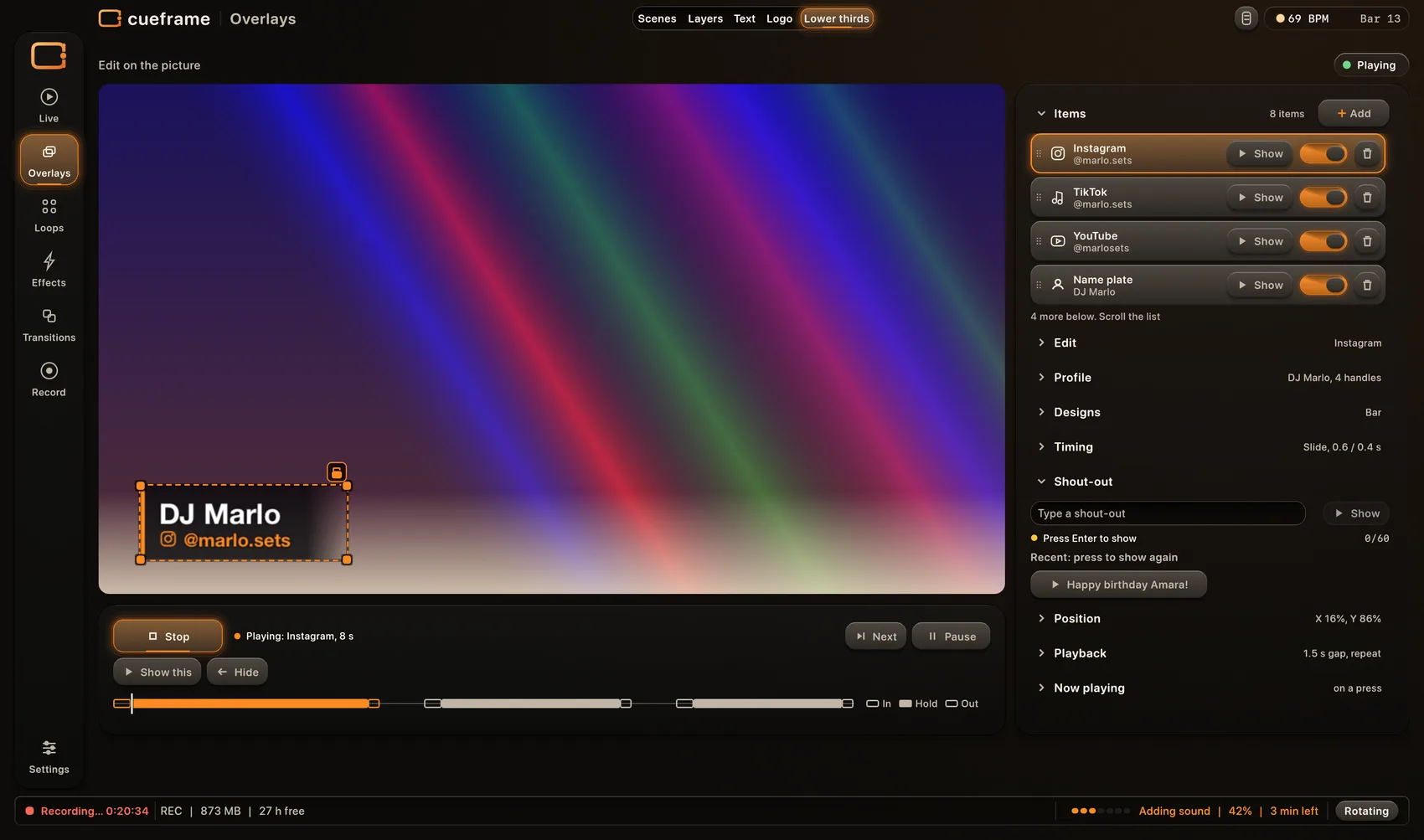 The Lower thirds tab: the picture with a lower third reading DJ Marlo and an Instagram handle, a list of items with Show keys and switches, a shout-out field and a Stop key with the playing item named