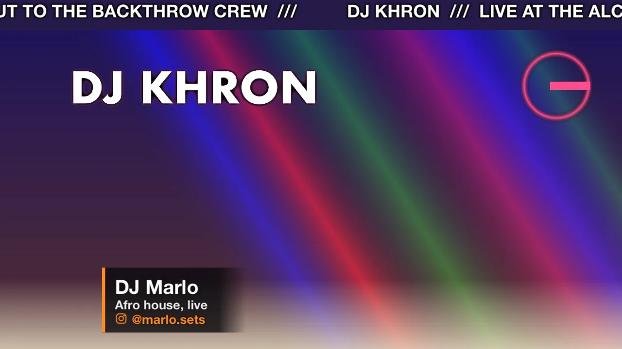 An example picture with four layers: a ticker across the top, a name in text, a logo and a lower third with the DJ's name and handle